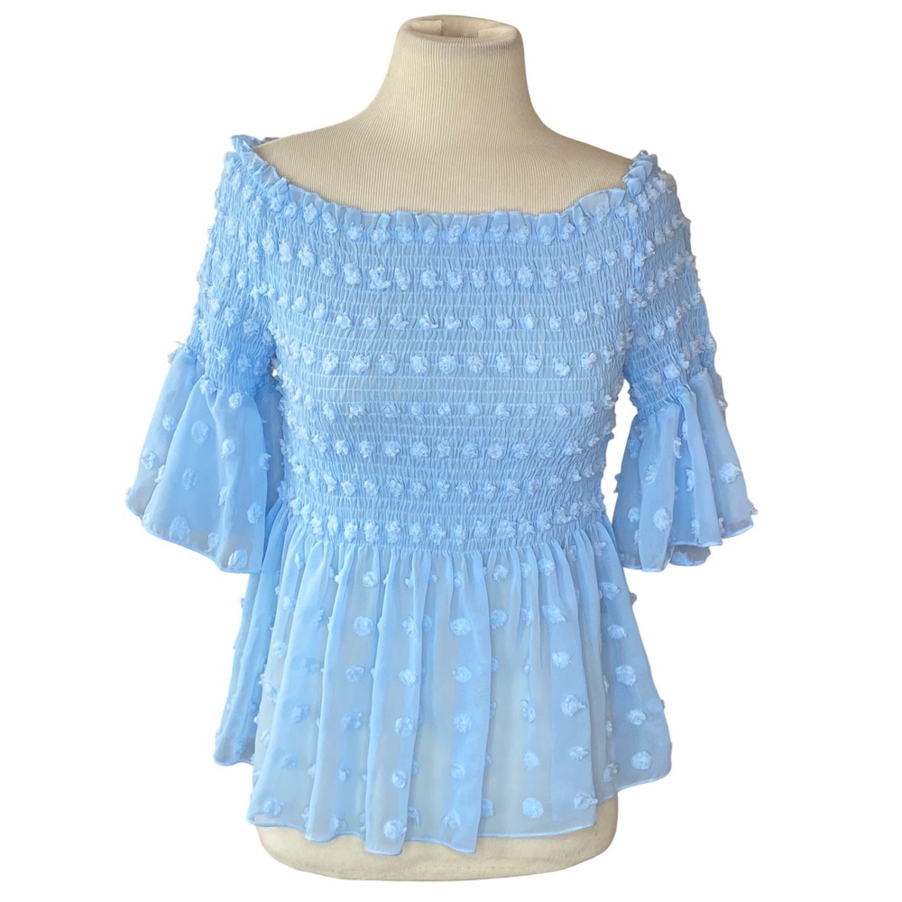SHEIN Light Blue Swiss Dot Smocked Off Shoulder Bell Sleeve Peplum Blouse‎ Sz l